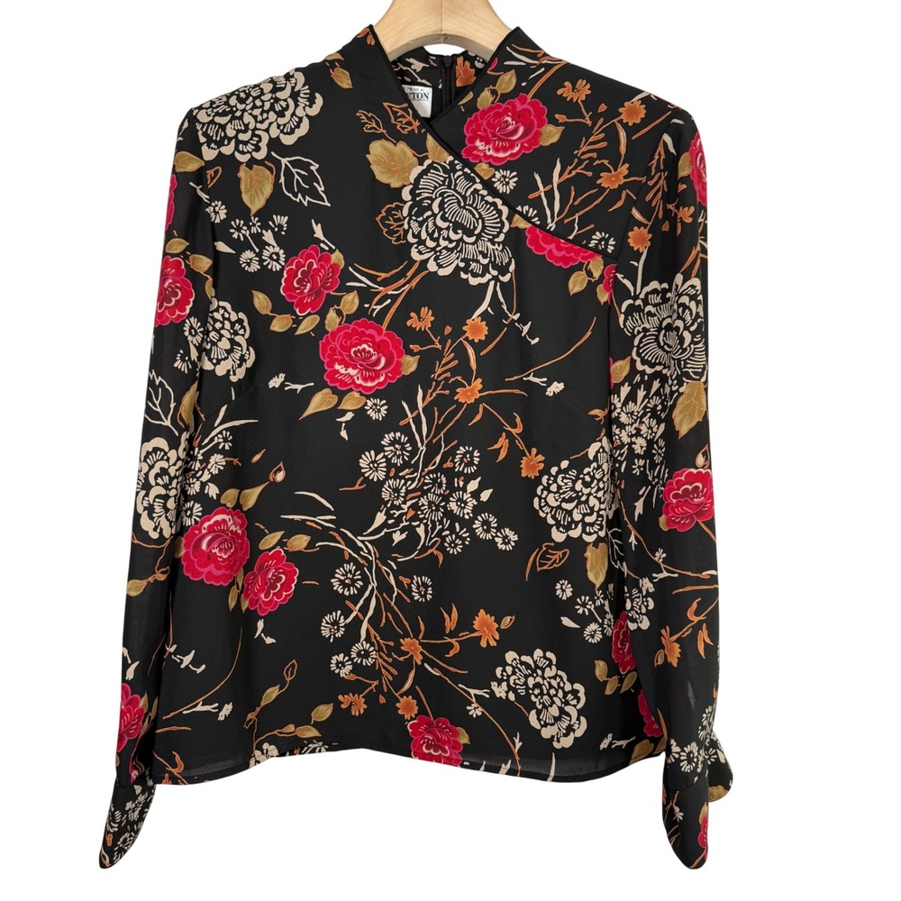 Pendleton Black‎ Floral Print Wrap Blouse Women Size 12 Kimono Lined Classic
